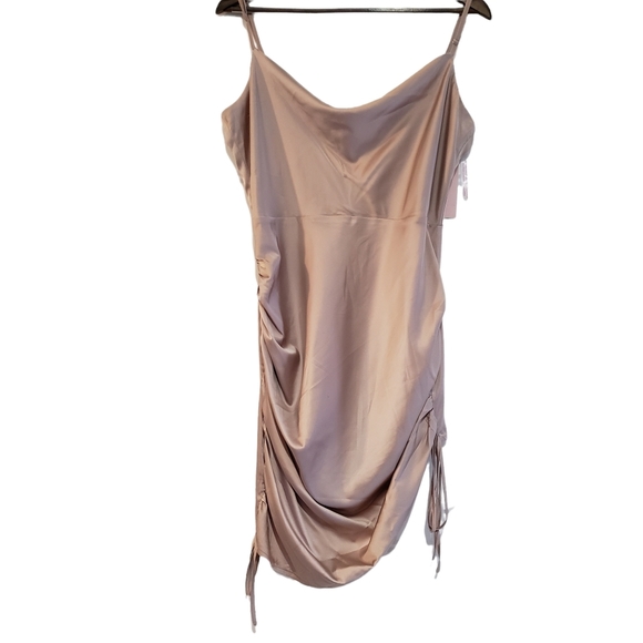Missguided Size 12 Blush Pink Satin Cowl Neck Ruched Mini Dress High Low Sides - Picture 5 of 11
